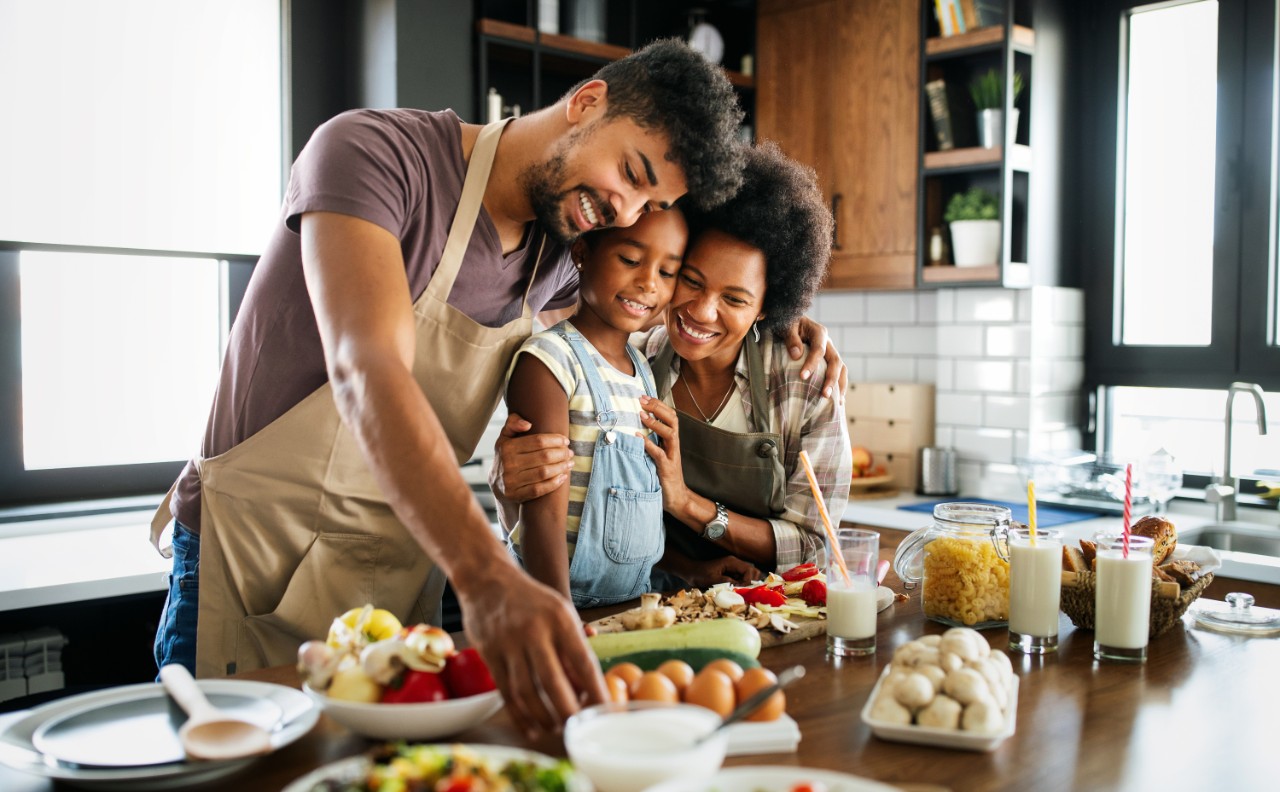 Family cooking healthy foods