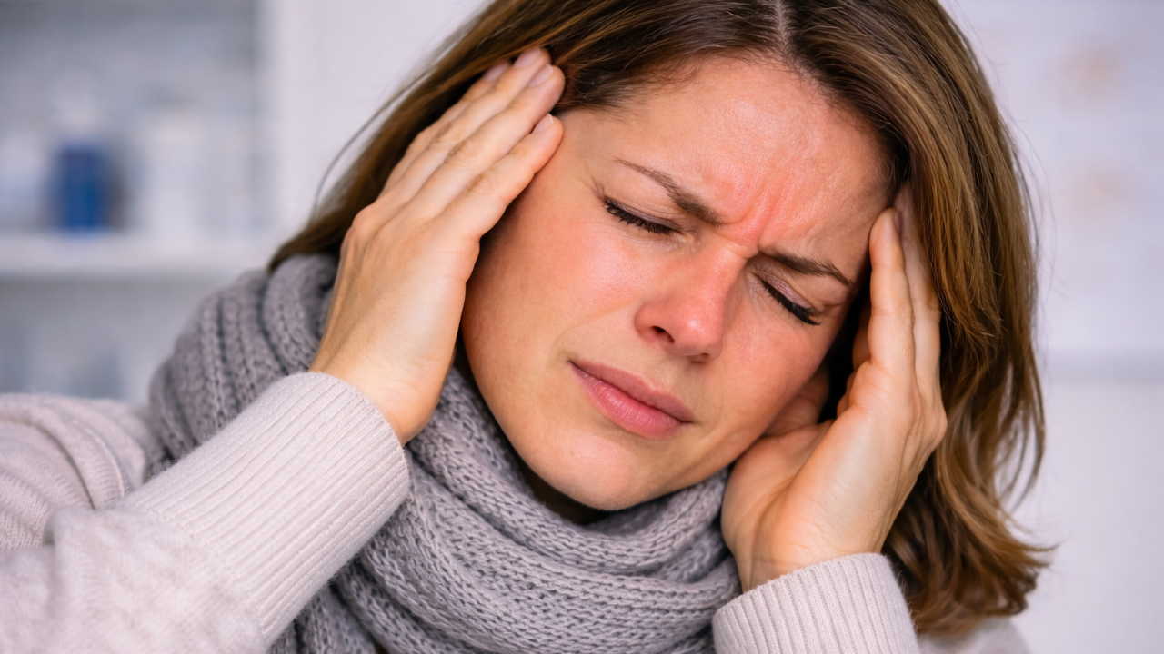 A woman touching her head for pain